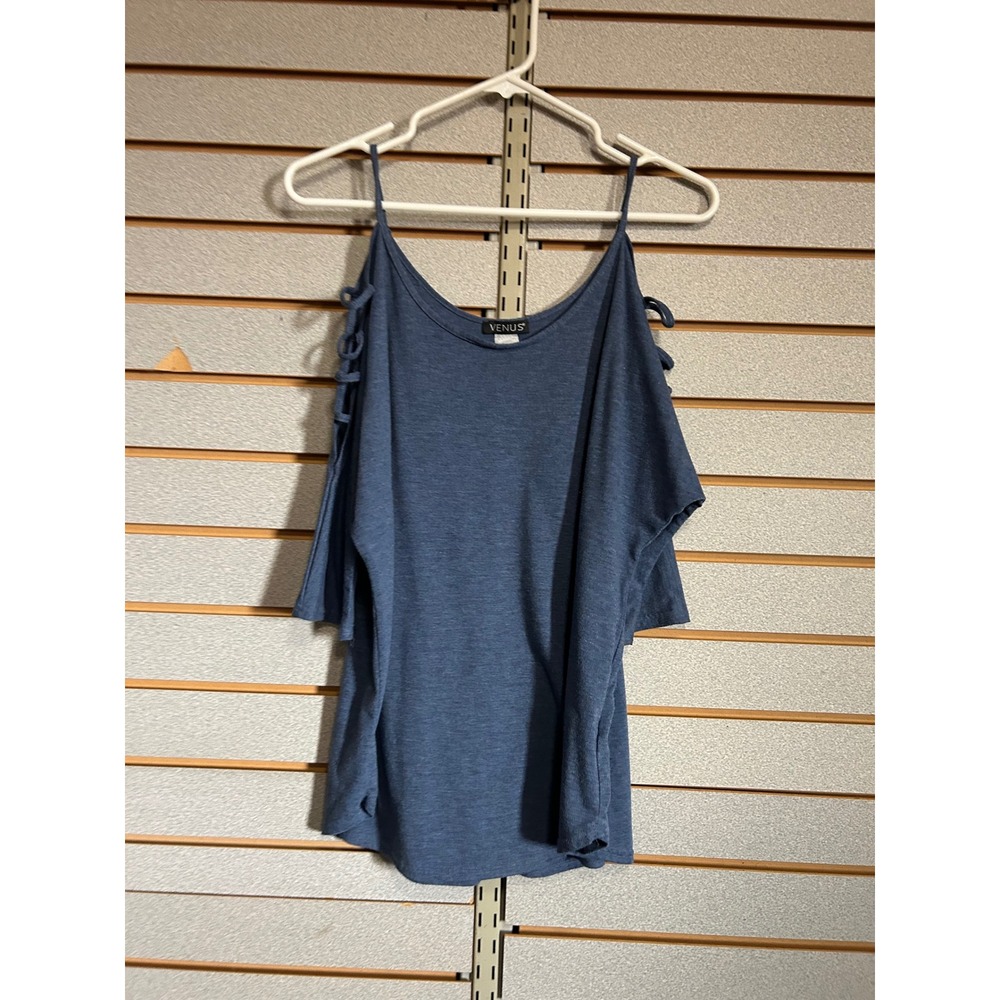 Venus Womens Blue Cold Shoulder Lattice Sleeve Knit Top Scoop Neck Relaxed XL